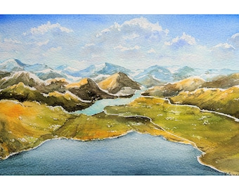 Lake Painting Original Art Bird's Eye View Art River Painting Green Fields Artwork Horizontal Art Watercolor Landscape Mountains Painting