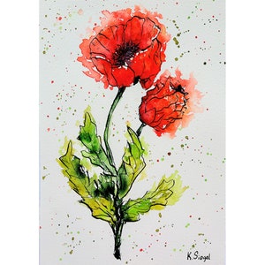 Poppies Painting Original Art Poppy Flowers Painting Red Poppies Art Abstract Flowers Painting Watercolor Poppies Art Floral Ink Painting