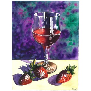 Dipinto di vino rosso, acquerello originale, opera d'arte sul vino, dipinto di un bicchiere di vino, arte del vino rosso, dipinto di fragole, arte delle fragole, natura morta