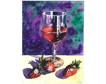 Red Wine Painting Original Watercolor Art Wine Artwork Glass Of Wine Painting Red Wine Art Strawberry Painting Strawberry Art Still Life