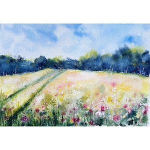 Pittura di campo Arte originale Percorso nel campo Pittura di campo Arte di prato Pittura di paesaggio estivo Paesaggio rurale Acquerello Arte di campo di grano