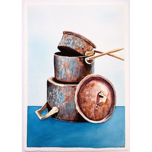 Pentole da cucina, pittura vintage, arte murale, arte originale, natura morta, piatti, pittura, pentole in rame, arte murale da cucina, acquerello vintage