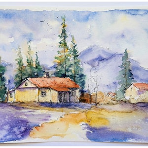 Montagne Paesaggio Dipinto Arte Originale Natura Schizzo Arte Pini Dipinto Casa Arte Natura Acquerello Paesaggio Alberi Opera d'Arte