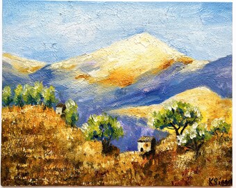 Lavendelfeld Gemälde Original Kunst Berge Landschaft Provence Wandkunst Mediterrane Landschaft Strukturiertes Ölgemälde Berge Kunstwerk