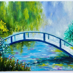 Pond Painting Original Art Bridge Painting Willow Tree Painting Weeping Willow Tree Painting Landscape Pond Wall Art Oil On Canvas Board