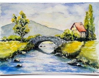 River Landscape Painting Original Art Stone Bridge Painting Nature Sketch Art Mountain Painting House Art Nature Art Watercolor Landscape