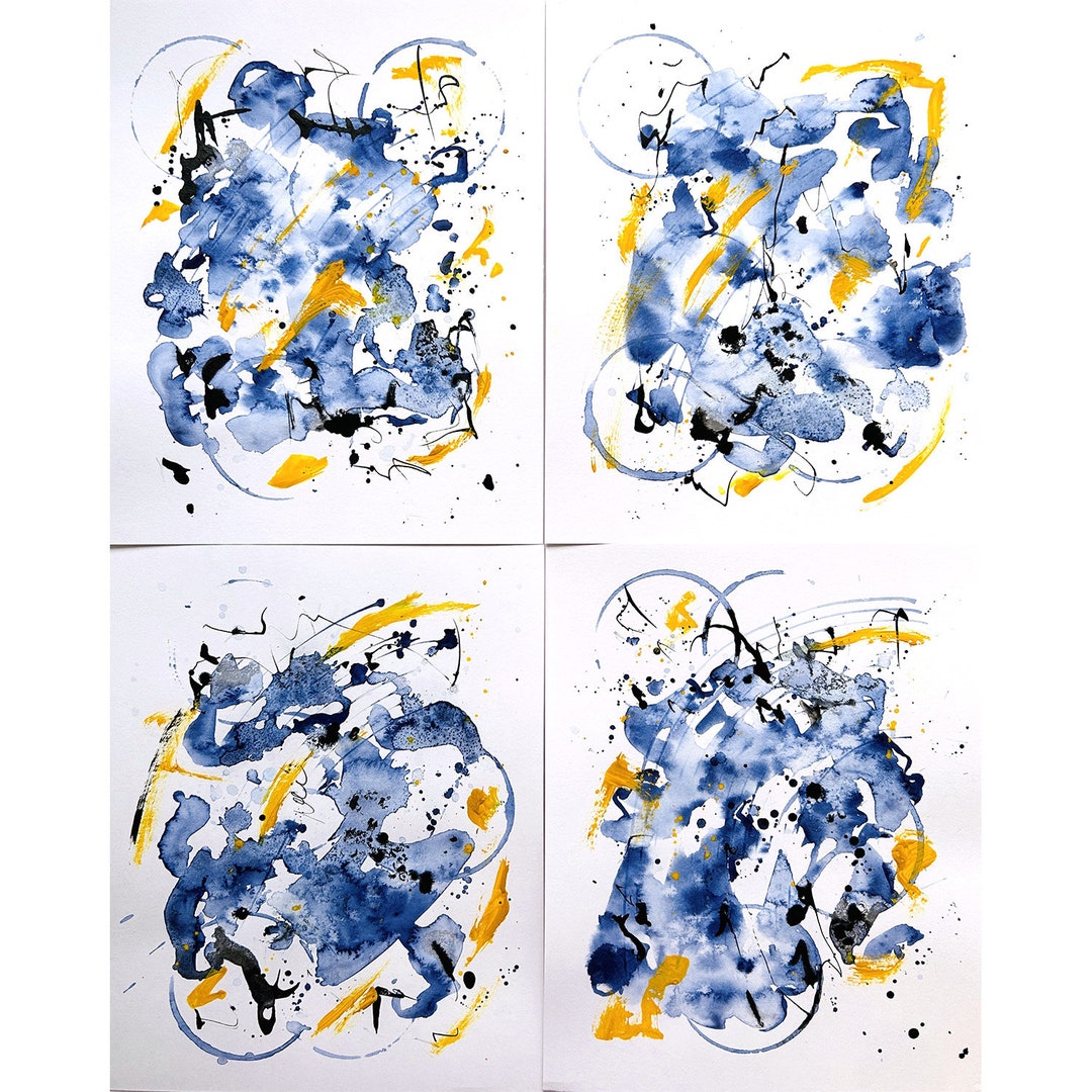 Set of 4 Art Abstract Art Yellow Blue Wall Art Set of Original ...