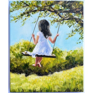 Kids Painting Little Girl Art Original Oil Painting Kids Art Girl On Swing Painting Childhood Art Children People Art Original Oil On Canvas