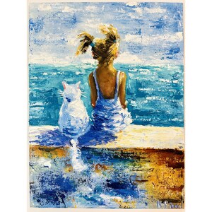 Peinture à l'huile originale pour enfants Fille avec chat, peinture pour petite fille, art pour chat blanc, peinture pour enfants, peinture pour fille et chat, art mural