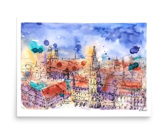 Munich Painting German City Print City Sketch Munich Art Nuremberg City Art German Architecture Print Bayern Wall Art City Munich