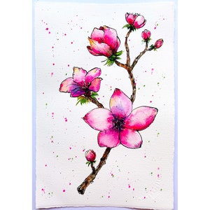 Dipinto di albero in fiore Arte originale Dipinto di fiori primaverili Dipinto di fiori rosa Dipinto di albero di melo in fiore Opera d'arte Acquerello Floreale Inchiostro Arte murale
