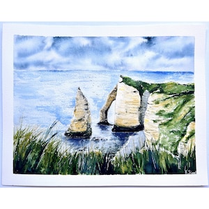 Etretat Pittura Arte Originale Etretat Scogliere Pittura Normandia Claude Monet Acquerello Pittura Francia Paesaggio Opera D'Arte Scogliere