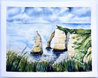 Etretat Malerei Original Art Etretat Klippen Malerei Normandie Malerei Claude Monet Aquarell Frankreich Landschaft Kunstwerk Klippen