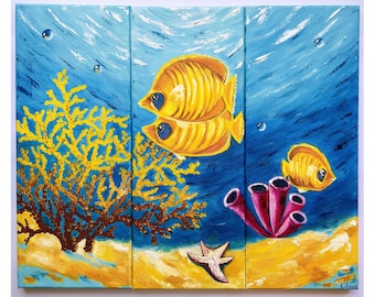 Tropical Fish Painting Original Art Tropical Coral Reef Painting Colorful Fish Painting Tropical Wall Art Set of 3 Underwater World Artwork