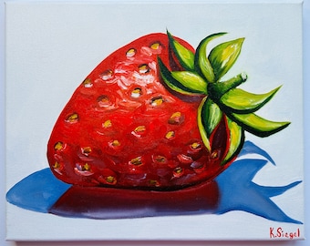 Fraise, peinture d'art, fraise originale, peinture à l'huile de fraise, cuisine nature morte, nourriture, oeuvre d'art, décoration de cuisine, fraise rouge, WallArt