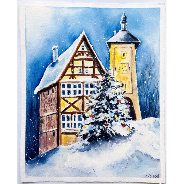 Stadtbild Deutschland Malerei Winter Stadtansicht Kunst Original Kunst Deutschland Wand Kunst Weihnachten Deutschland Kunstwerk Winter Aquarell Weihnachtsbaum Kunst