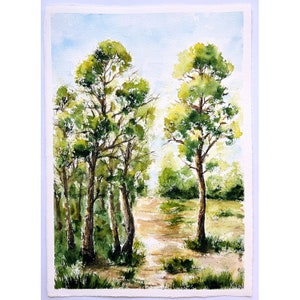 Pittura forestale Arte originale Pini Pittura Foresta di pini Paesaggio Acquerello Alberi Arte Pittura su legno Pini Arte murale Foresta estiva