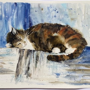 Cat Painting Original Art Sleeping Cats Painting Striped Cat Artwork Tabby Cat Art Pets Art Animals Art Watercolor Cat Artwork Pets Painting