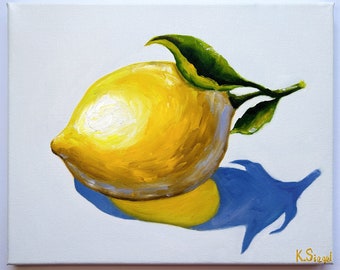 Limone pittura originale arte frutta pittura limone parete arte limoni pittura olio su tela cibo opera d'arte cucina arte frutta natura morta pittura