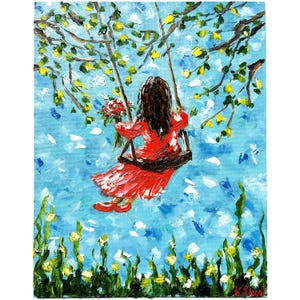 Little Girl Art Romantic Girl Painting Original Oil Art Girl On Swing Painting Girl With Flowers Art People Art Kids Art Childhood Children