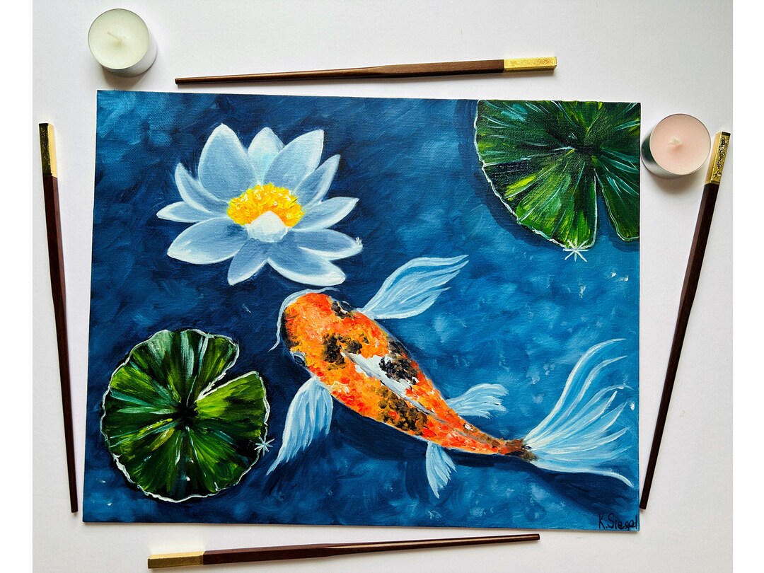Water Lily Painting Original Art Koi Fish Painting Japanese Koi Fish ...