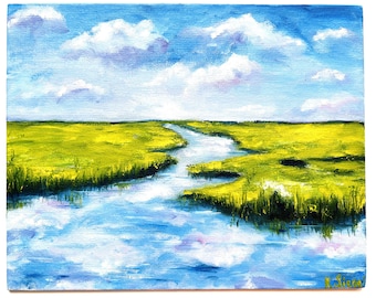 Flussgemälde Wiesenmalerei Flusslandschaft Kunst Sumpfmalerei Sumpfwandkunst 10x8 Landschaftsölgemälde Wiese Kunstwerk Sommerlandschaft
