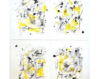 Set Of 4 Art Abstract Art Yellow Black Wall Art Set Of Original Watercolor Minimalism Painting Watercolor Abstract Set Of 4 Paintings Set