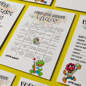 May include: A set of printable baby shower game cards featuring Sesame Street characters. The cards include a "Guess How Many Are In The Jar" game, a "Find The Guest Bingo" game, and a "Predictions for Baby" game.