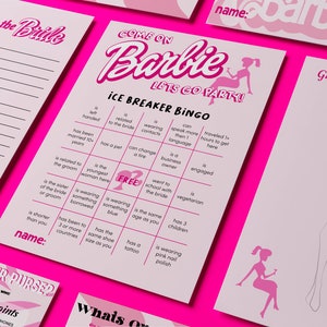 May include: A pink and white printable bridal shower game with the text "Come on Barbie, Let's Go Party!" and "Ice Breaker Bingo". The game features a 5x5 grid with various prompts such as "Is related to the bride", "Can change a tire", "Is a business owner", "Went to school with the bride", and "Is vegetarian".