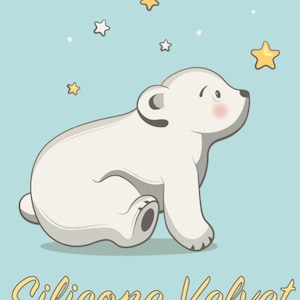 May include: A cartoon illustration of a white polar bear with a pink blush on its cheeks, looking up at yellow and white stars on a light blue background. The words "Silicone Velvet" are written in a cursive font at the bottom.