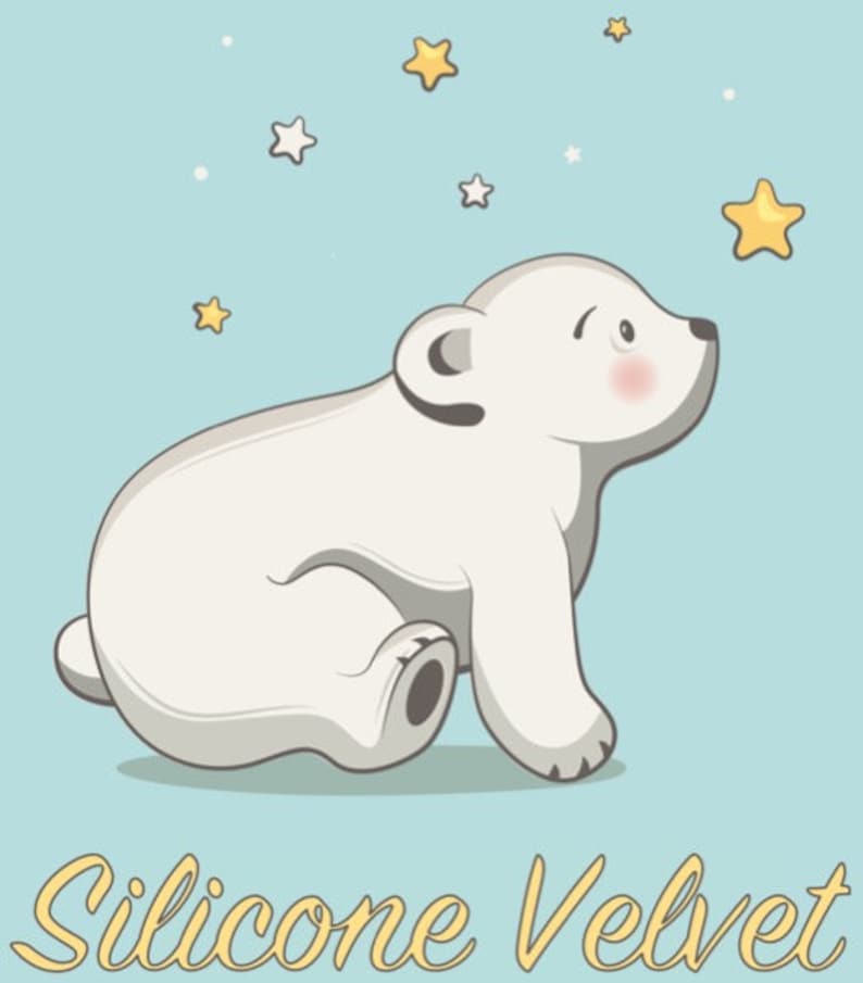 May include: A cartoon illustration of a white polar bear with a pink blush on its cheeks, looking up at yellow and white stars on a light blue background. The words "Silicone Velvet" are written in a cursive font at the bottom.