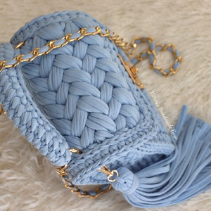 Borsa uncinetto gift for woman crochet bag bolso punto puff borsa fettuccia marshmellow bag bolso crochet idea regalo donna tshirt yarn bag immagine 2