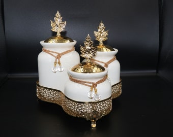 Luxuriöses goldenes 3-teiliges Keramikkanister-Set – Vintage-Glasdesign