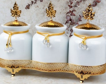 Luxuriöses goldenes 3-teiliges Keramikkanister-Set – Vintage-Glasdesign