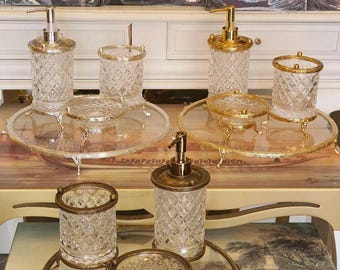 Luxury Bathroom Set with Soap Dispenser and Stand Elegant Glass and Metal Design