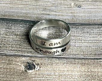 Self Love Ring, I am Enough Heart Ring, Steel Adjustable Ring, Affirmation Ring, Womens Statement Ring, Self Love, Gift For Her,