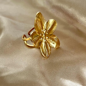 Gold Plumeria Flower Ring: 18K Gold Plated Stainless Steel