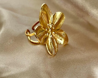 Gold Plumeria Flower Ring: 18K Gold Plated Stainless Steel