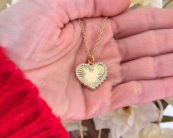 14K Vergoldete Herz Anhänger Halskette: CZ Kristall, 16 Zoll Kette