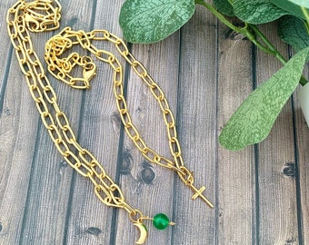 Gold Crescent Charm Paperclip Chain Necklace, Jade Moon Charm Necklace, Jade Crystal Necklace, Gold Jade Moon Necklace, 10k Gold Necklace