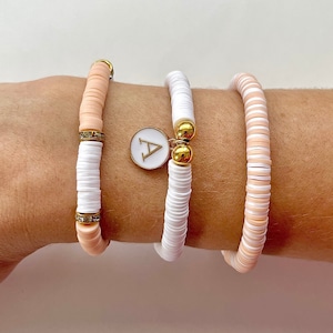 Neutral Beaded Letter Bracelet, White and Gold Beaded Stacking Bracelets, Personalized Beaded Bracelets, Bracelet Set, Gift For Her