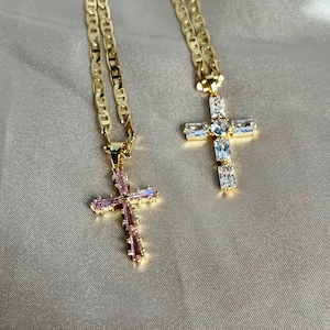 Women&#39;s Gold Filled Pink Gemstone Cross Necklace, Religious Necklace, Gold pink Cross Necklace, 24k Gold Filled Necklace, Pink Cross