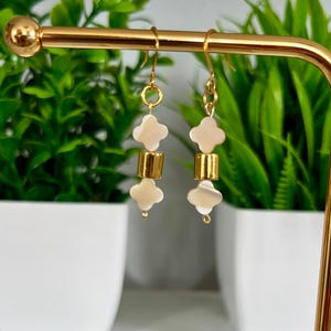 Lucky Clover Earrings, Mother of Pearl Shell Clover Earrings, Gold Plated Four Leaf Clover Earrings, Resort Wear Jewelry, Clover Jewelry
