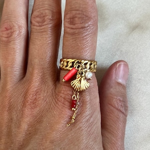 18K Gold adjustable Coastal Charm Ring, Seashell Pearl Ring, Multiple charms statement ring, Oceanic Ring, Gold Seashell Ring