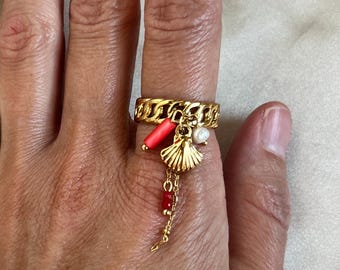 Anillo ajustable con dije costero en oro de 18 quilates, anillo con perla de concha, anillo llamativo con múltiples dijes, anillo oceánico, anillo de concha de oro
