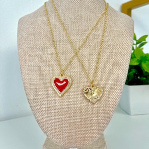 Women's 14K Gold and Red Enamel Heart Necklace, 14K Heavy Gold Plated Heart Pendant Necklace, Red Heart Necklace, Heart Jewelry