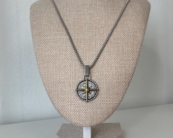 Men's Antique Gold Silver Compass Necklace: Stainless Steel Pendant, 23 Inch Chain