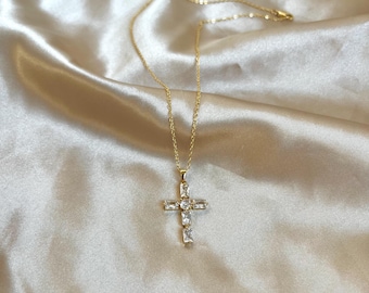 24K Gold Filled Cross Necklace: Cubic Zirconia Religious Pendant