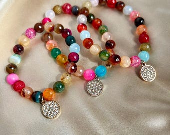 Pulseira de Ágata Arco-Íris com Pingente de Moeda Dourada, Conjunto de Pedras Preciosas Boho