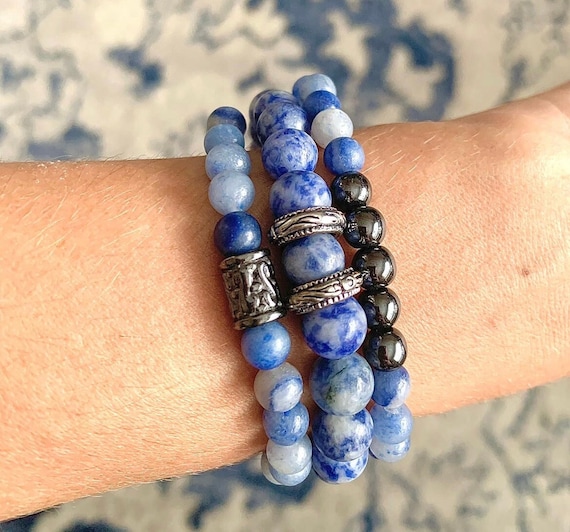 Bracciale con pietra preziosa di avventurina blu: energia curativa, gioielli con perline da uomo - Italia